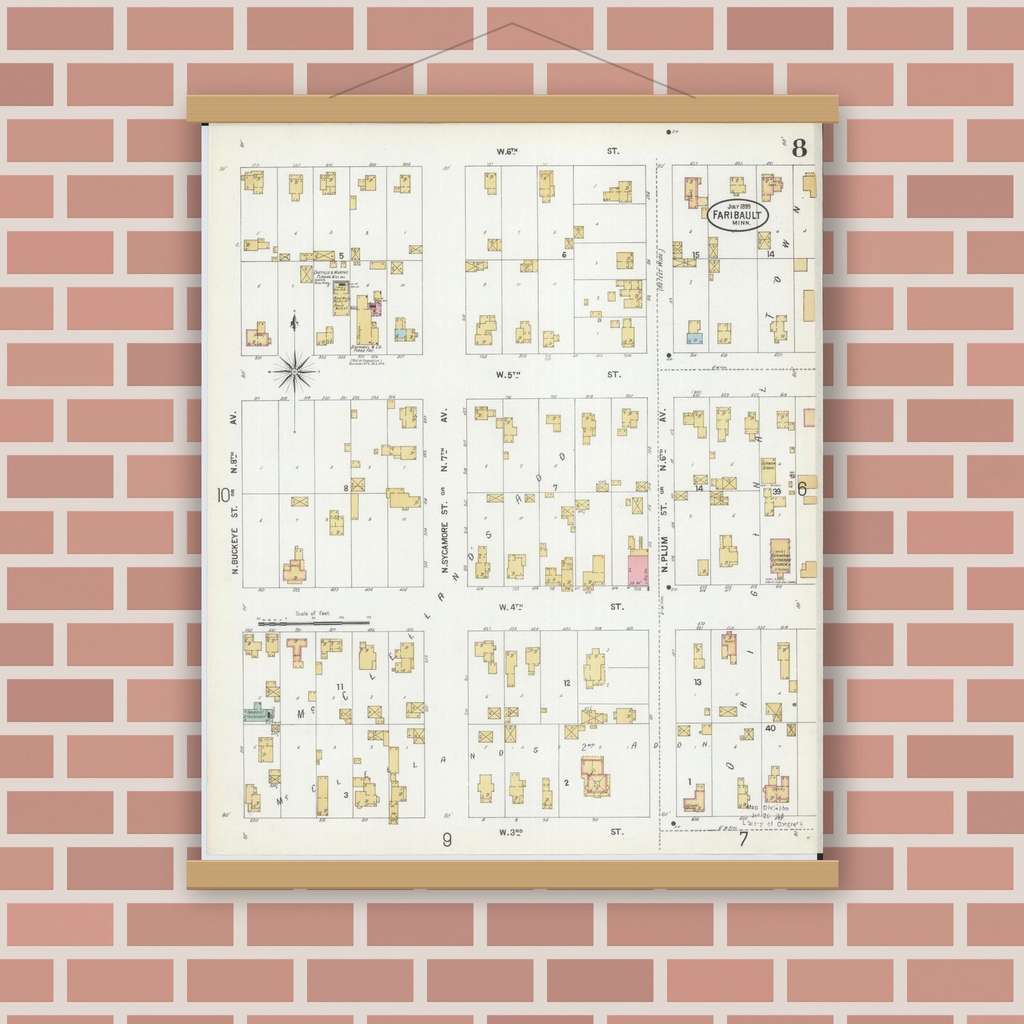 Old map wall art mockup — magnetic wood frame on brick wall — Sanborn Fire Insurance Map from Faribault, Rice County, Minnesota (1899), Sheet #0008