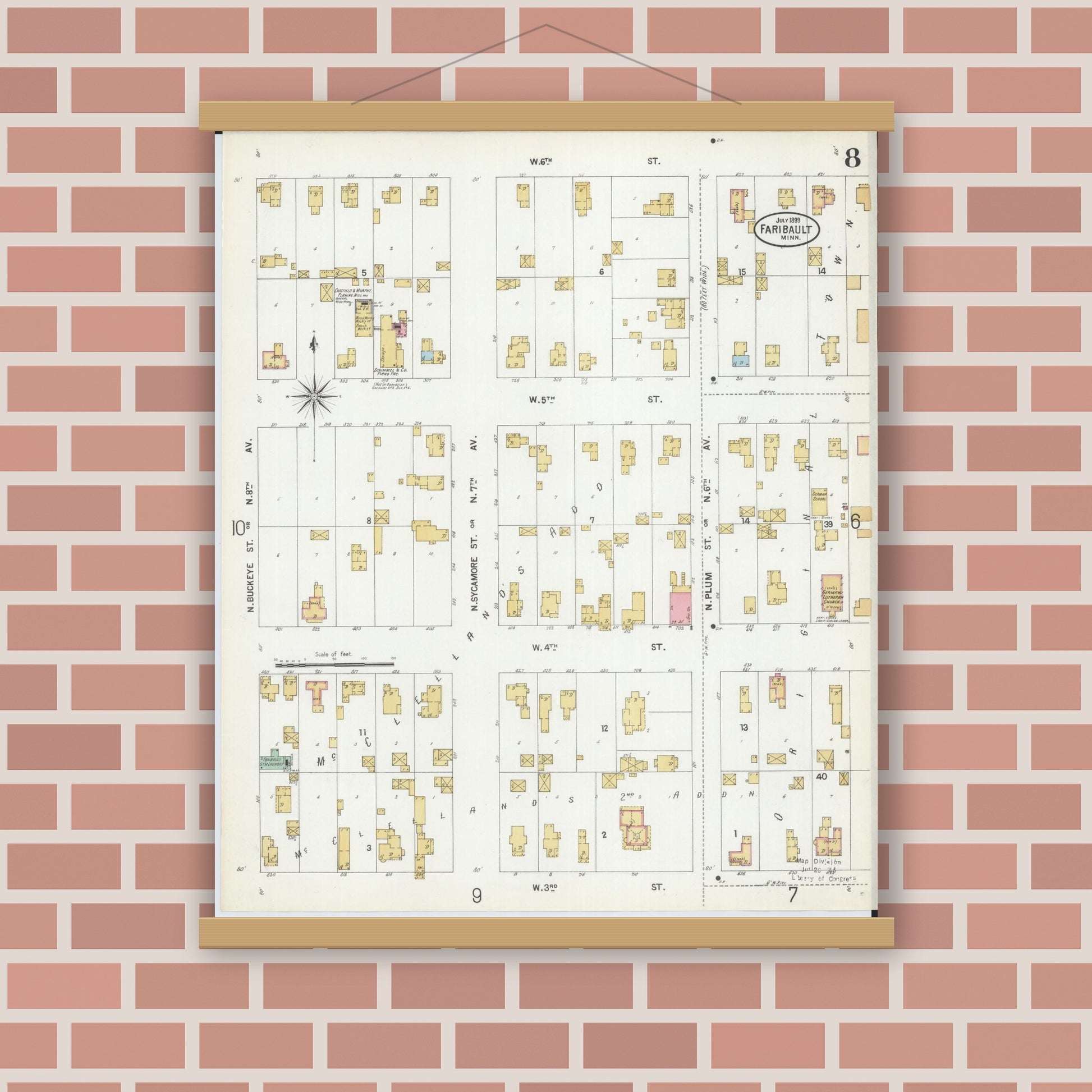 Old map wall art mockup — magnetic wood frame on brick wall — Sanborn Fire Insurance Map from Faribault, Rice County, Minnesota (1899), Sheet #0008