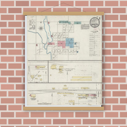 Old map wall art mockup — magnetic wood frame on brick wall — Sanborn Fire Insurance Map from Carson City, Montcalm County, Michigan (1894), Sheet #0001