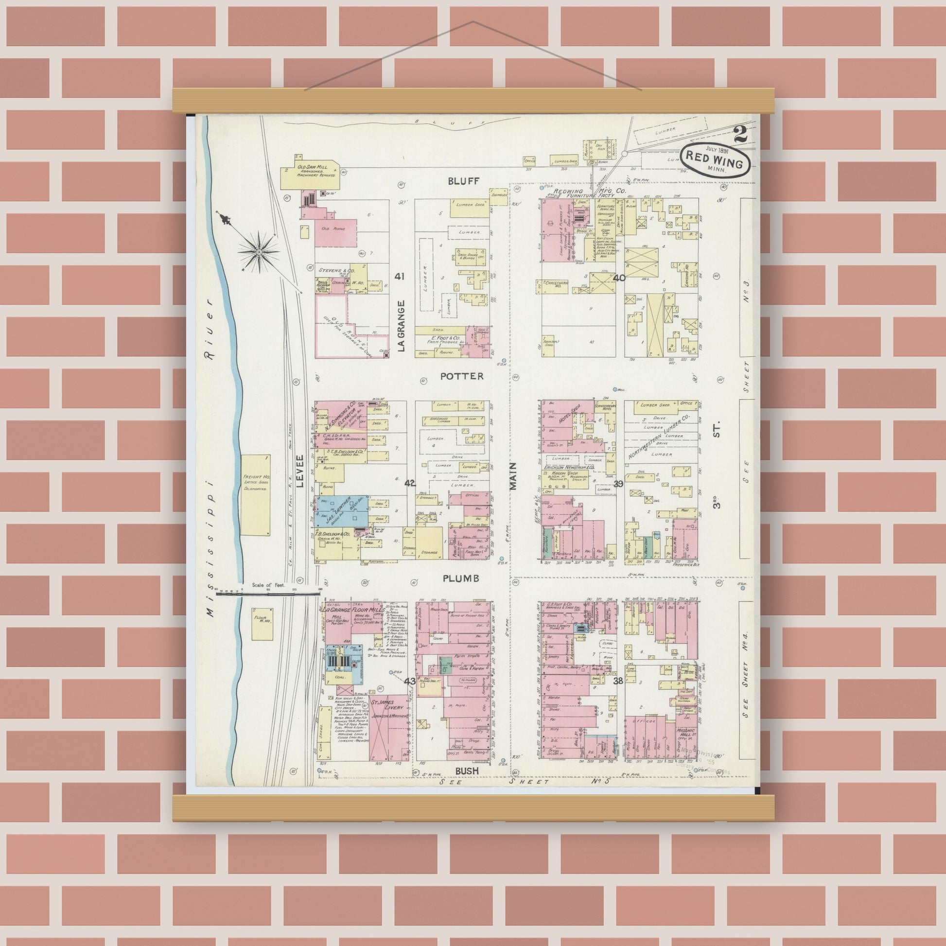Old map wall art mockup — magnetic wood frame on brick wall — Sanborn Fire Insurance Map from Red Wing, Goodhue County, Minnesota (1891), Sheet #0002