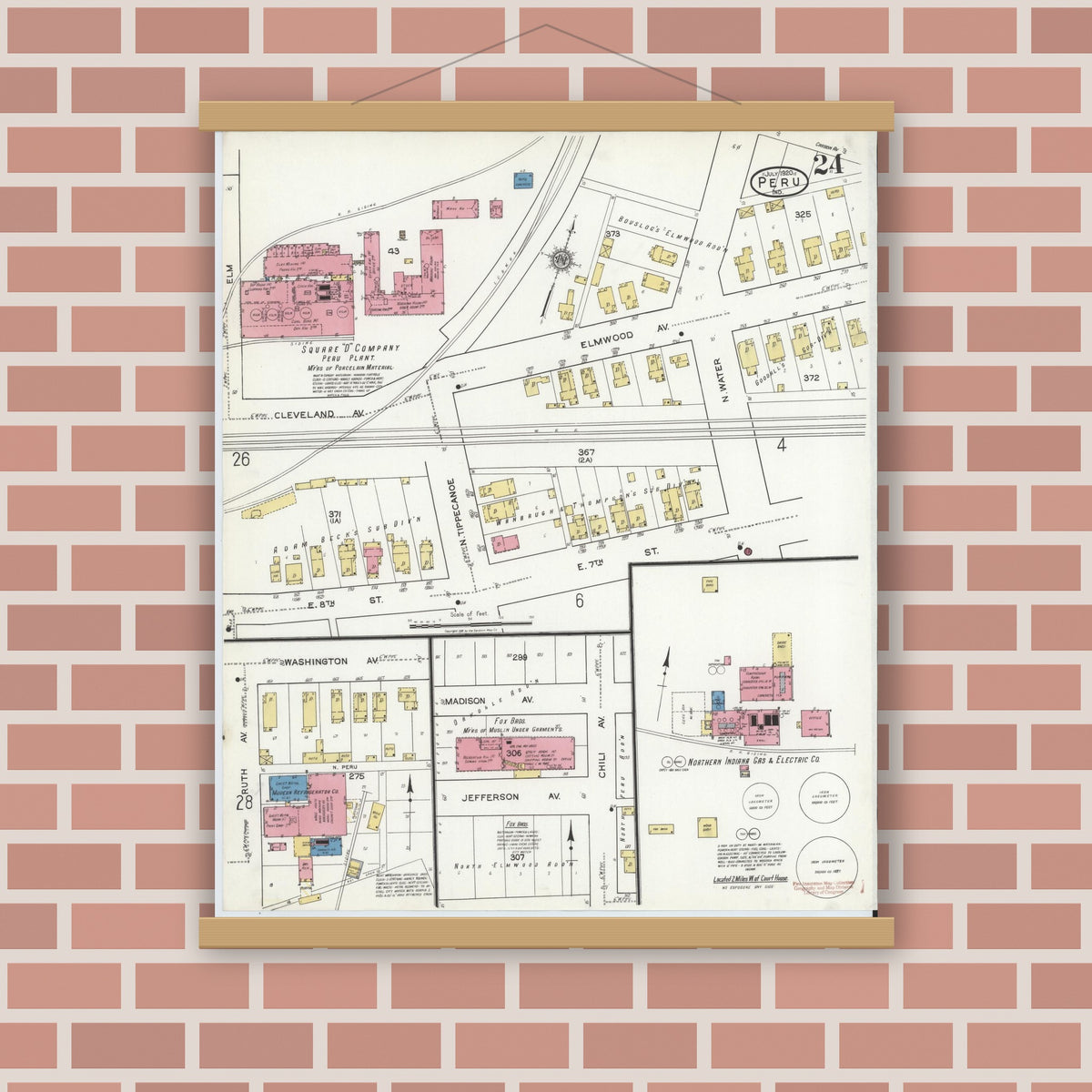 Old map wall art mockup — magnetic wood frame on brick wall — Sanborn Fire Insurance Map from Peru, Miami County, Indiana (1920), Sheet #0024