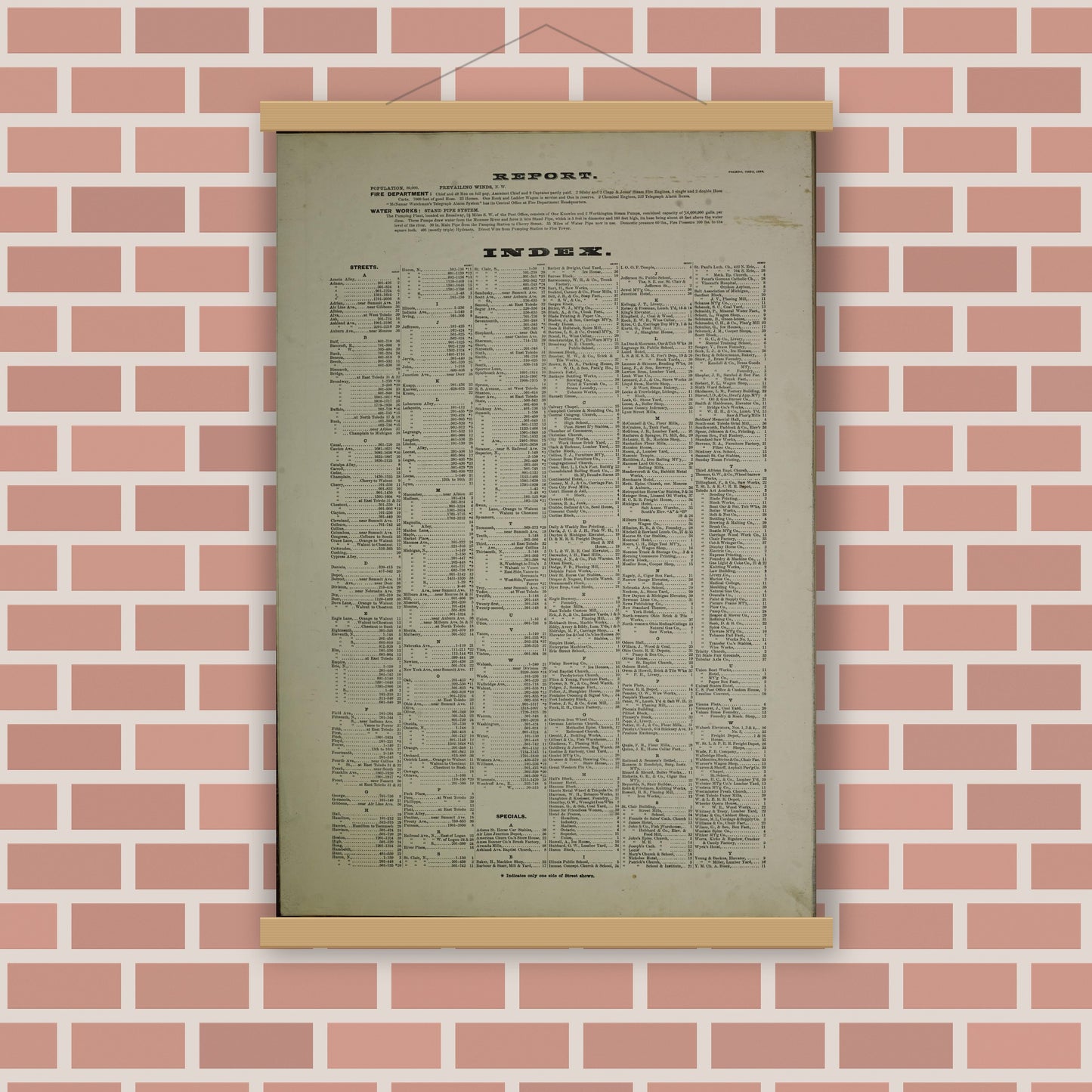 Old map wall art mockup — magnetic wood frame on brick wall — Sanborn Fire Insurance Map from Toledo, Lucas County, Ohio (1888), Sheet #0001