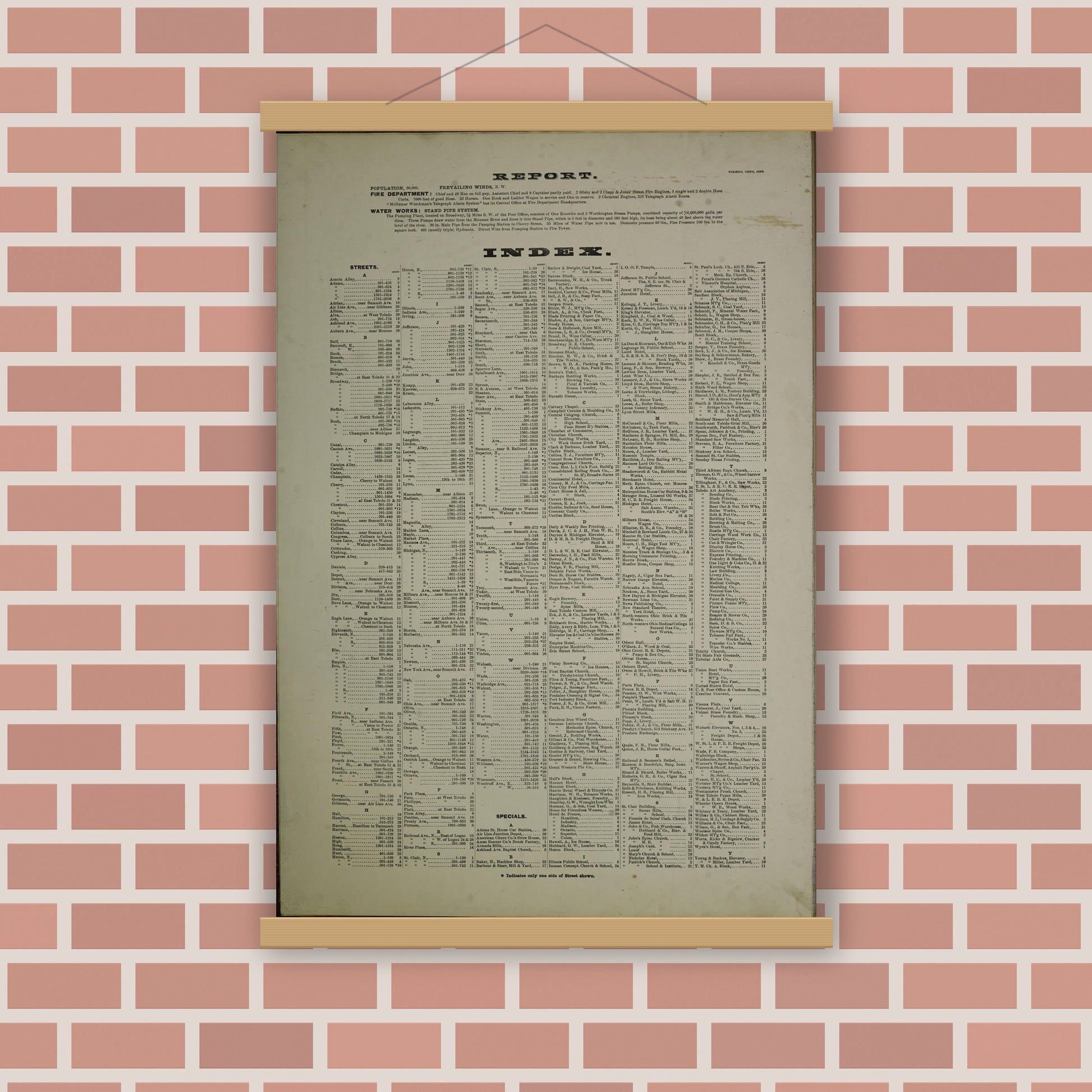 Old map wall art mockup — magnetic wood frame on brick wall — Sanborn Fire Insurance Map from Toledo, Lucas County, Ohio (1888), Sheet #0001