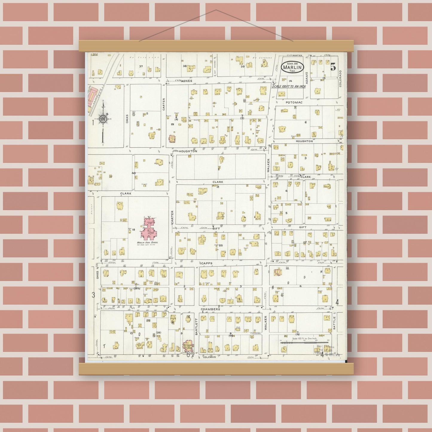 Old map wall art mockup — magnetic wood frame on brick wall — Sanborn Fire Insurance Map from Marlin, Falls County, Texas (1916), Sheet #0005