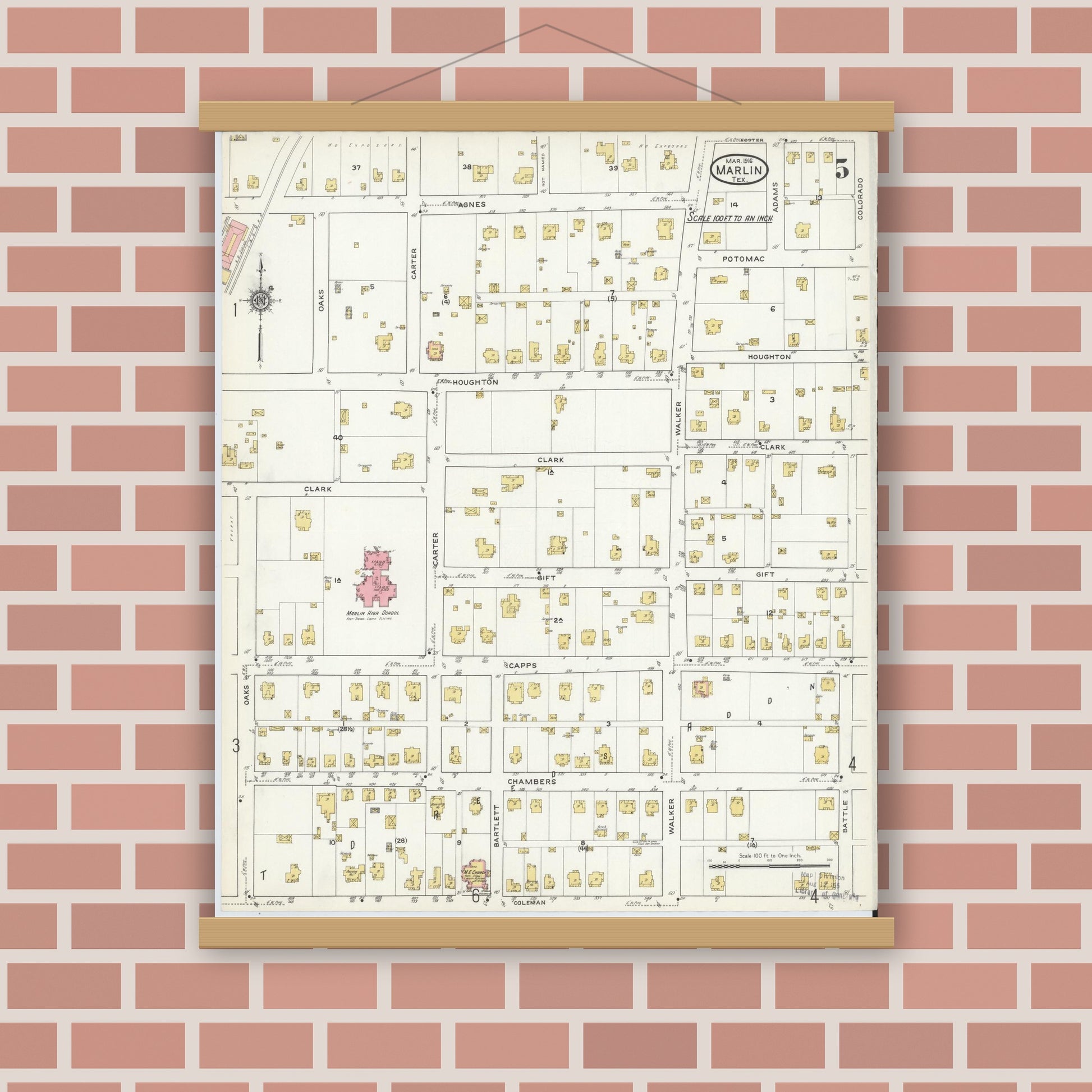 Old map wall art mockup — magnetic wood frame on brick wall — Sanborn Fire Insurance Map from Marlin, Falls County, Texas (1916), Sheet #0005