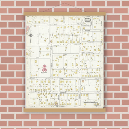 Old map wall art mockup — magnetic wood frame on brick wall — Sanborn Fire Insurance Map from Marlin, Falls County, Texas (1916), Sheet #0005