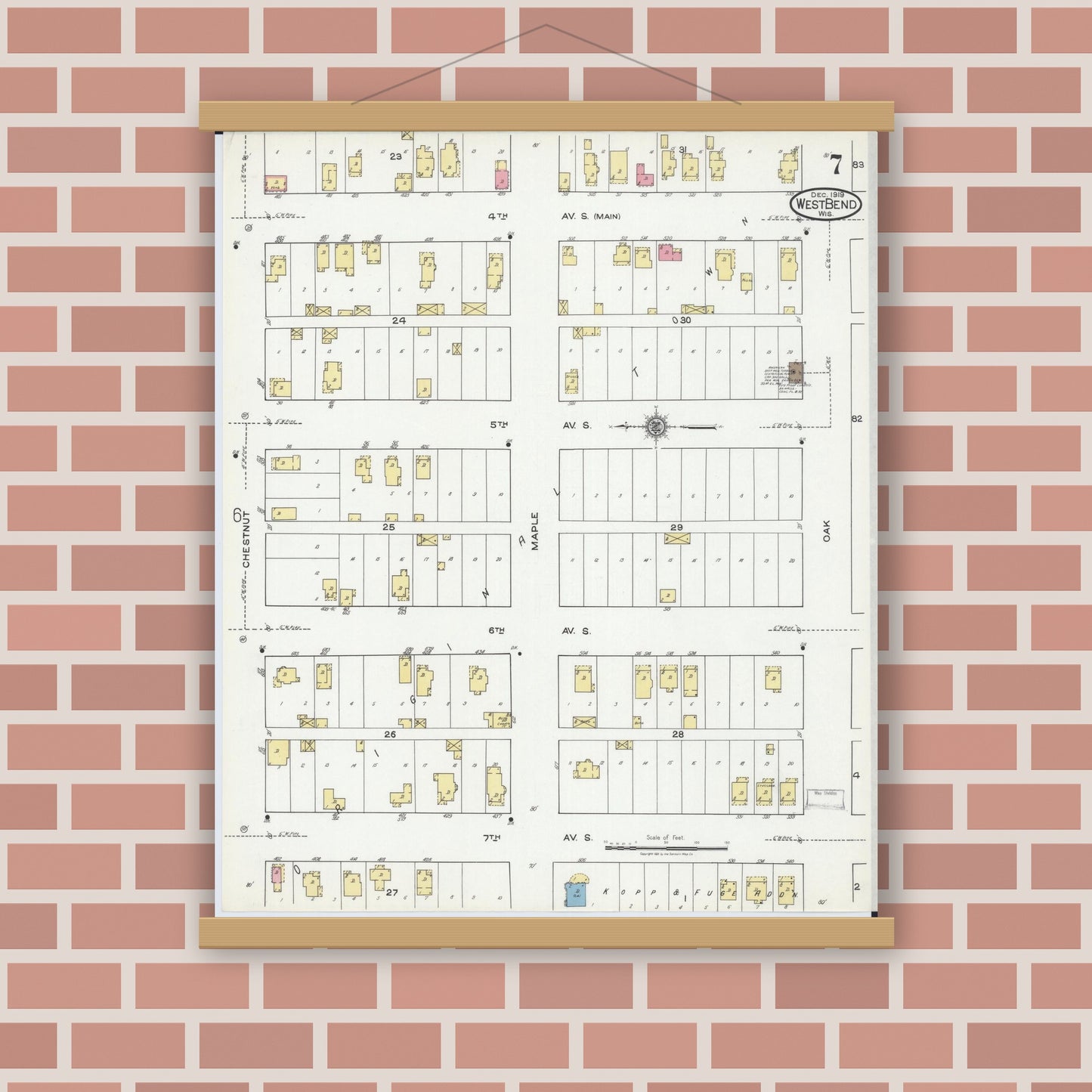 Old map wall art mockup — magnetic wood frame on brick wall — Sanborn Fire Insurance Map from West Bend, Washington County, Wisconsin (1919), Sheet #0007