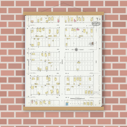 Old map wall art mockup — magnetic wood frame on brick wall — Sanborn Fire Insurance Map from West Bend, Washington County, Wisconsin (1919), Sheet #0007