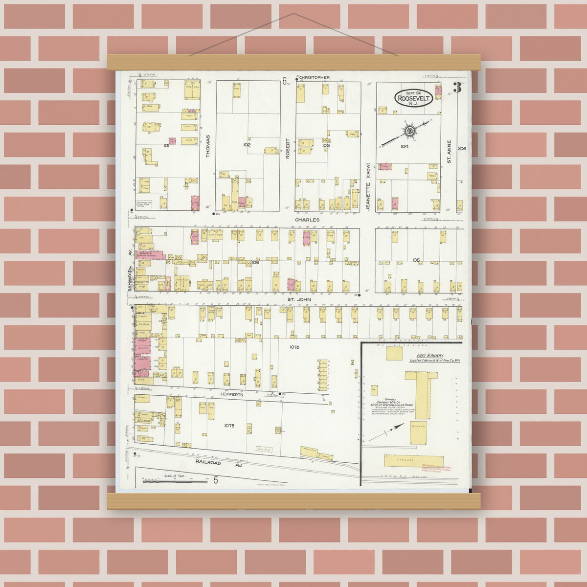 Old map wall art mockup — magnetic wood frame on brick wall — Sanborn Fire Insurance Map from Roosevelt, Middlesex County, New Jersey (1916), Sheet #0003