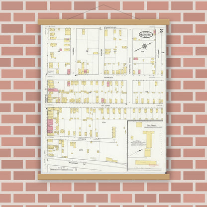 Old map wall art mockup — magnetic wood frame on brick wall — Sanborn Fire Insurance Map from Roosevelt, Middlesex County, New Jersey (1916), Sheet #0003