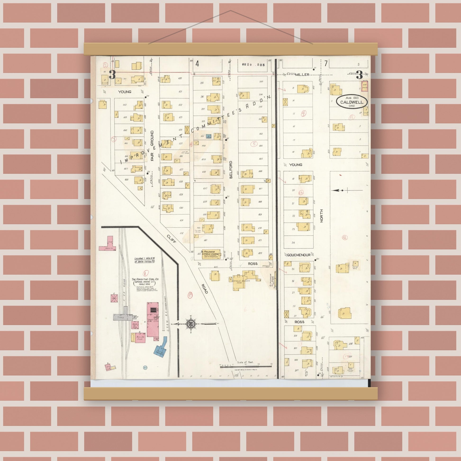 Old map wall art mockup — magnetic wood frame on brick wall — Sanborn Fire Insurance Map from Caldwell, Noble County, Ohio (1932), Sheet #0003
