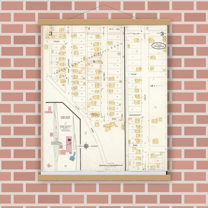 Old map wall art mockup — magnetic wood frame on brick wall — Sanborn Fire Insurance Map from Caldwell, Noble County, Ohio (1932), Sheet #0003