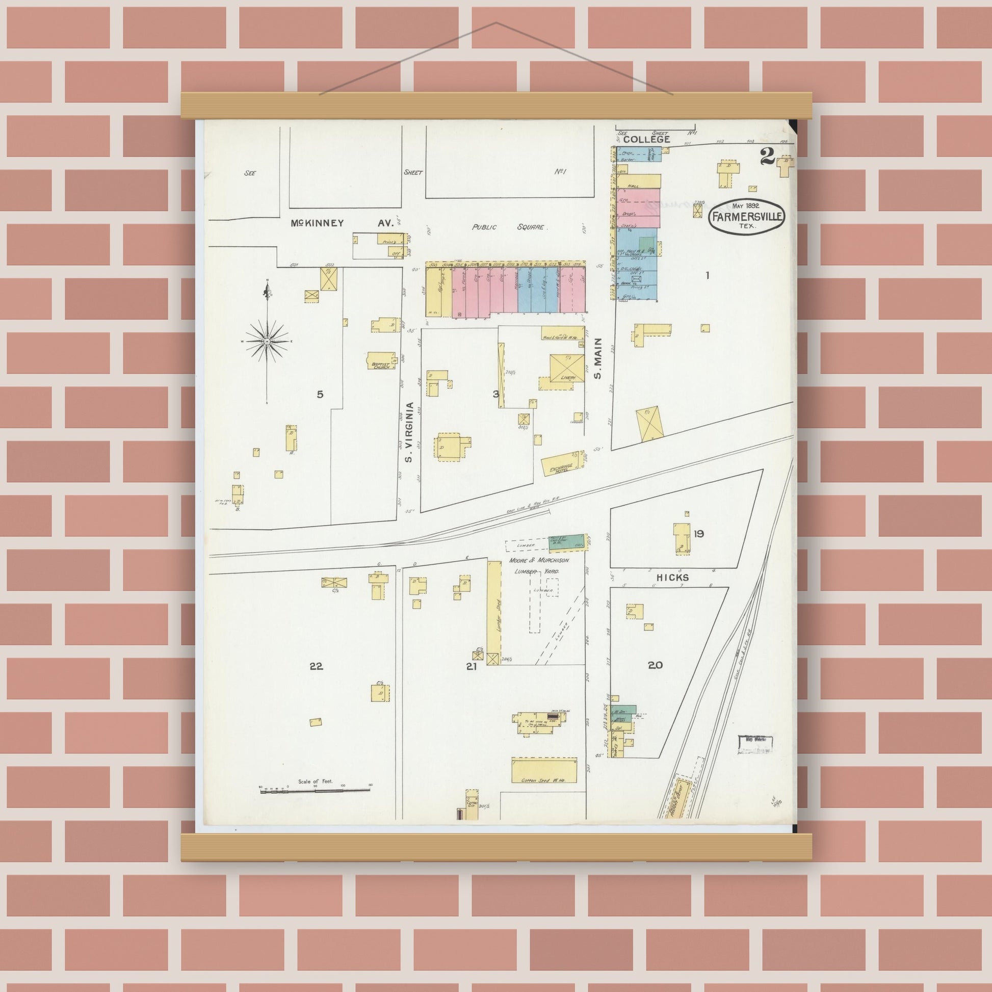 Old map wall art mockup — magnetic wood frame on brick wall — Sanborn Fire Insurance Map from Farmersville, Collin County, Texas (1892), Sheet #0002