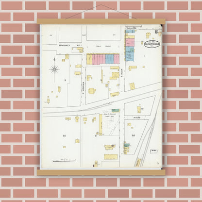 Old map wall art mockup — magnetic wood frame on brick wall — Sanborn Fire Insurance Map from Farmersville, Collin County, Texas (1892), Sheet #0002