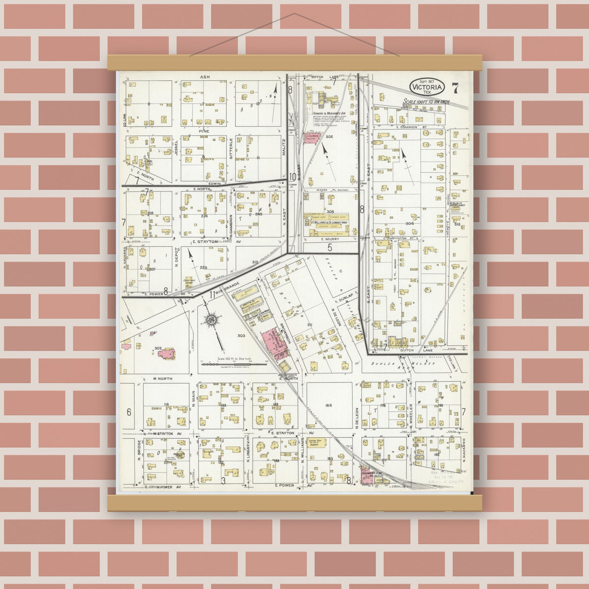 Old map wall art mockup — magnetic wood frame on brick wall — Sanborn Fire Insurance Map from Victoria, Victoria County, Texas (1917), Sheet #0007
