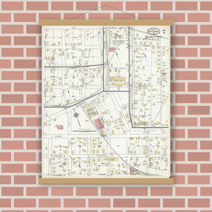 Old map wall art mockup — magnetic wood frame on brick wall — Sanborn Fire Insurance Map from Victoria, Victoria County, Texas (1917), Sheet #0007