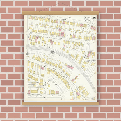 Old map wall art mockup — magnetic wood frame on brick wall — Sanborn Fire Insurance Map from Braddock, Allegheny County, Pennsylvania (1908), Sheet #0021