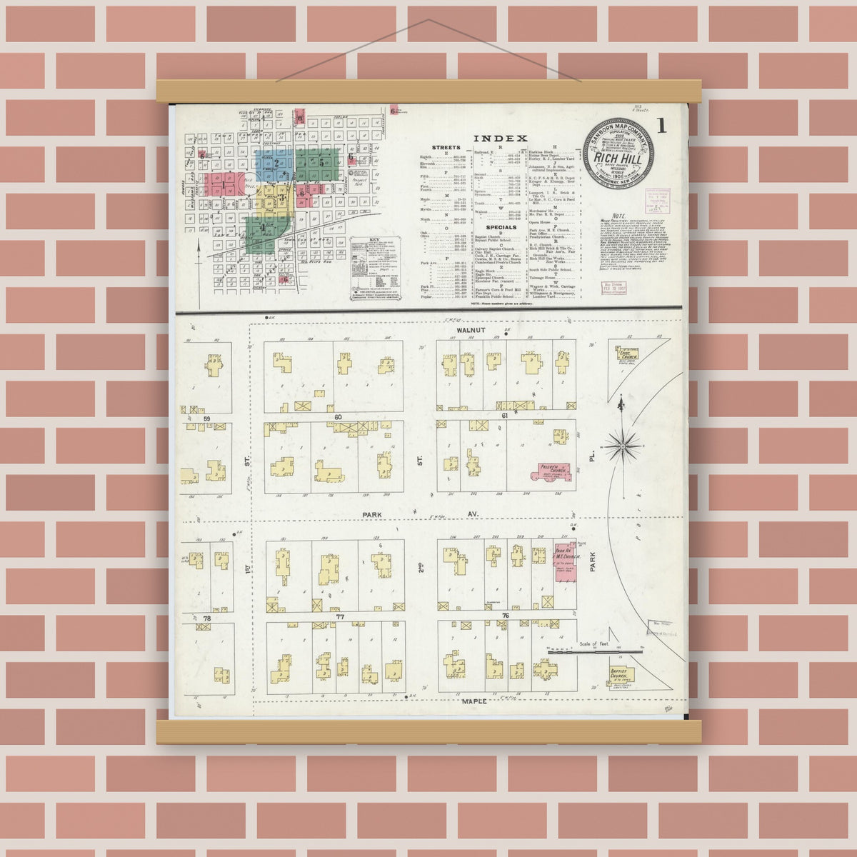 Old map wall art mockup — magnetic wood frame on brick wall — Sanborn Fire Insurance Map from Rich Hill, Bates County, Missouri (1906), Sheet #0001