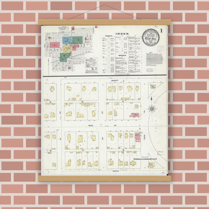 Old map wall art mockup — magnetic wood frame on brick wall — Sanborn Fire Insurance Map from Rich Hill, Bates County, Missouri (1906), Sheet #0001