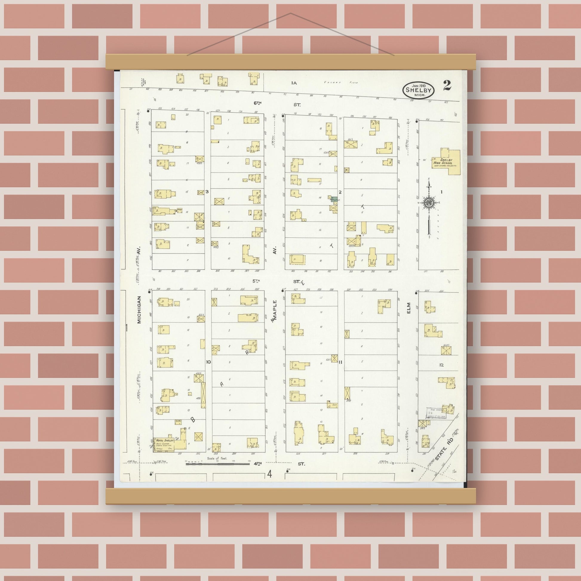 Old map wall art mockup — magnetic wood frame on brick wall — Sanborn Fire Insurance Map from Shelby, Oceana County, Michigan (1910), Sheet #0002
