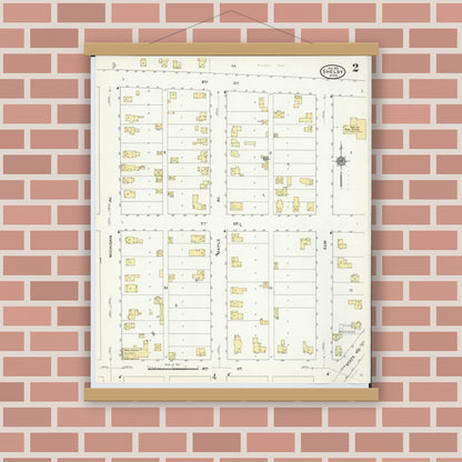 Old map wall art mockup — magnetic wood frame on brick wall — Sanborn Fire Insurance Map from Shelby, Oceana County, Michigan (1910), Sheet #0002