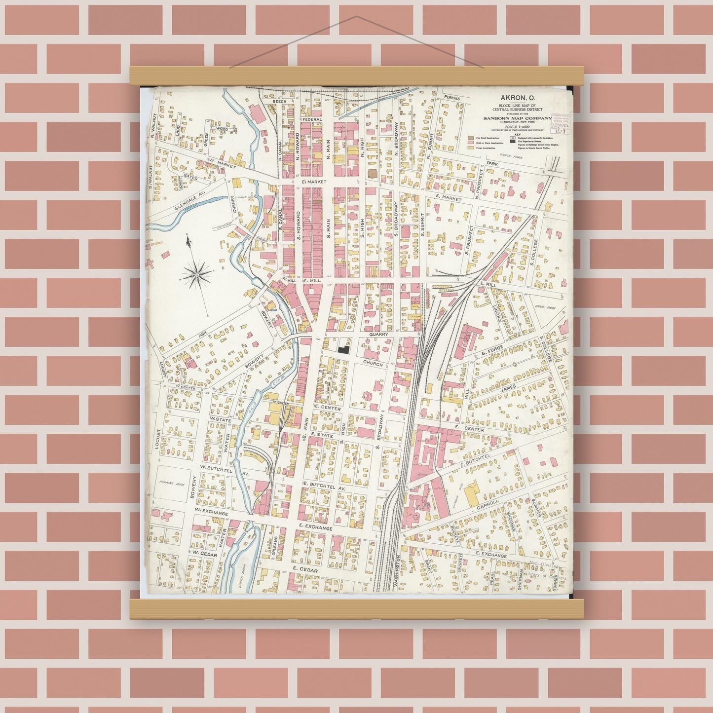 Old map wall art mockup — magnetic wood frame on brick wall — Sanborn Fire Insurance Map from Akron, Summit County, Ohio (1906), Sheet #0001