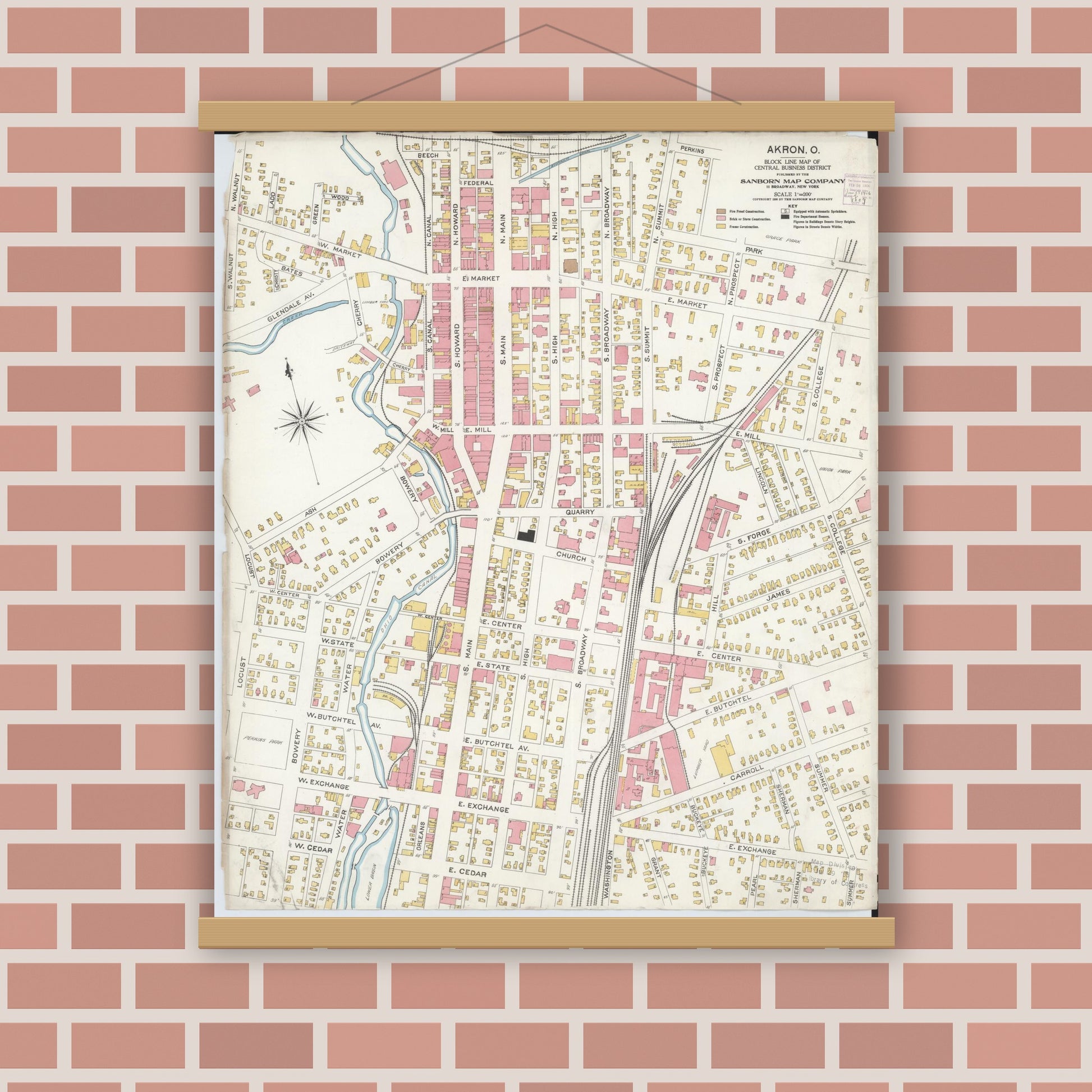 Old map wall art mockup — magnetic wood frame on brick wall — Sanborn Fire Insurance Map from Akron, Summit County, Ohio (1906), Sheet #0001
