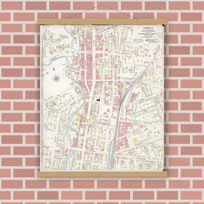 Old map wall art mockup — magnetic wood frame on brick wall — Sanborn Fire Insurance Map from Akron, Summit County, Ohio (1906), Sheet #0001