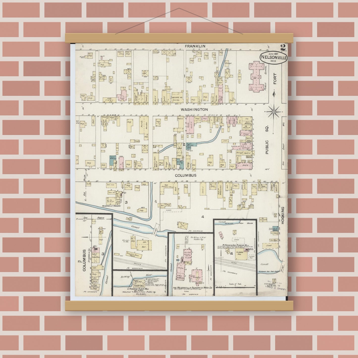 Old map wall art mockup — magnetic wood frame on brick wall — Sanborn Fire Insurance Map from Nelsonville, Athens County, Ohio (1887), Sheet #0002