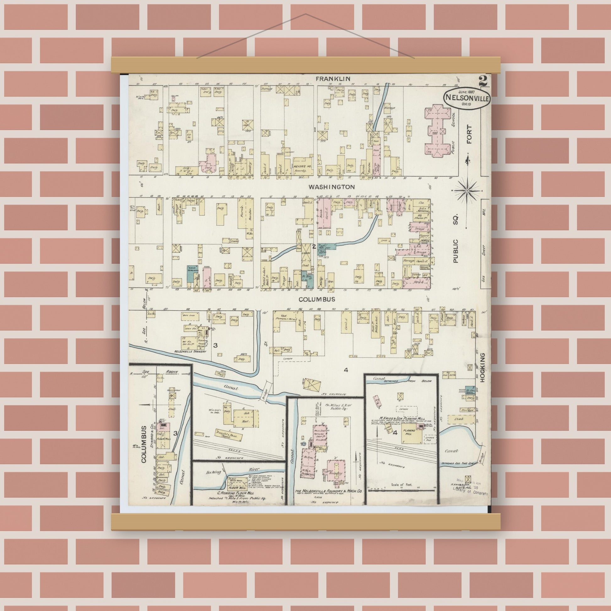 Old map wall art mockup — magnetic wood frame on brick wall — Sanborn Fire Insurance Map from Nelsonville, Athens County, Ohio (1887), Sheet #0002