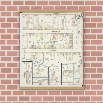 Old map wall art mockup — magnetic wood frame on brick wall — Sanborn Fire Insurance Map from Nelsonville, Athens County, Ohio (1887), Sheet #0002