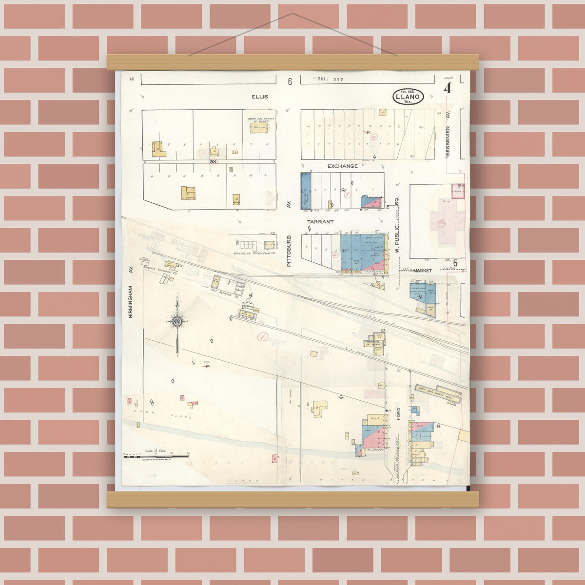 Old map wall art mockup — magnetic wood frame on brick wall — Sanborn Fire Insurance Map from Llano, Llano County, Texas (1942), Sheet #0004