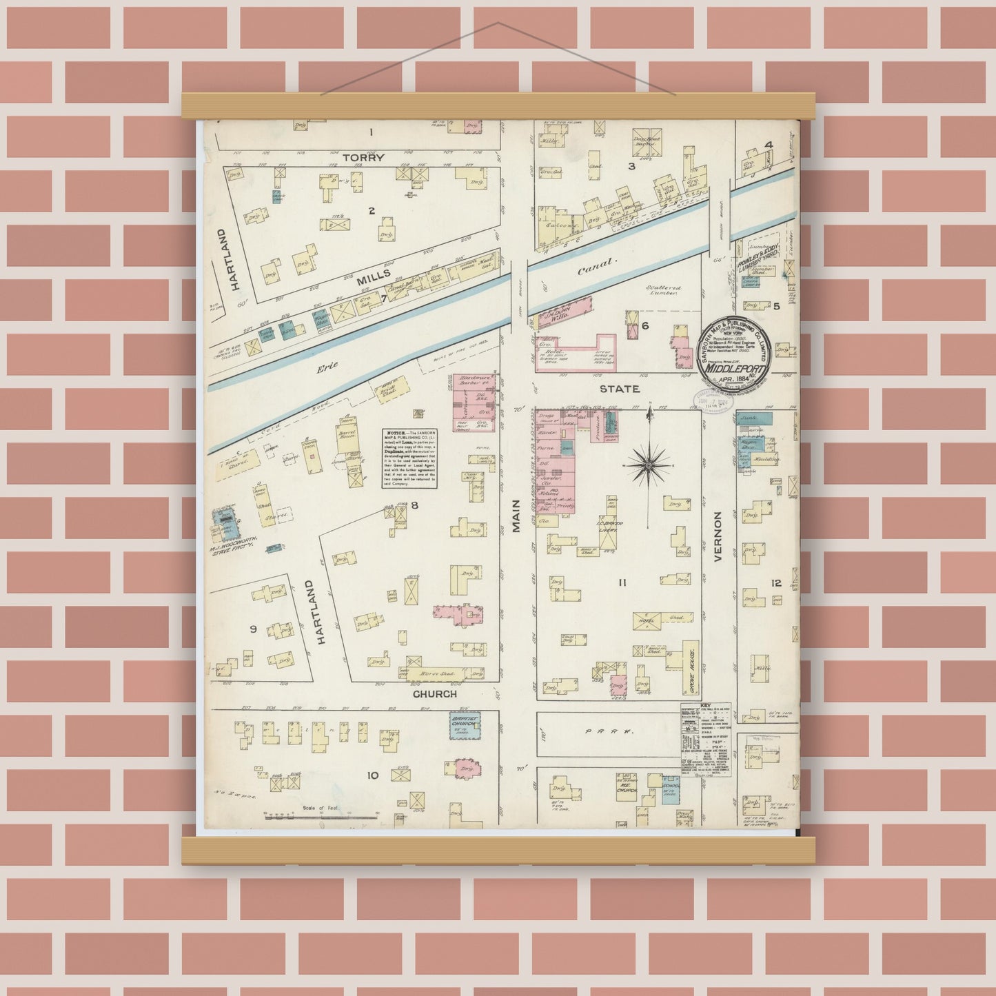Old map wall art mockup — magnetic wood frame on brick wall — Sanborn Fire Insurance Map from Middleport, Niagara County, New York (1884), Sheet #0001