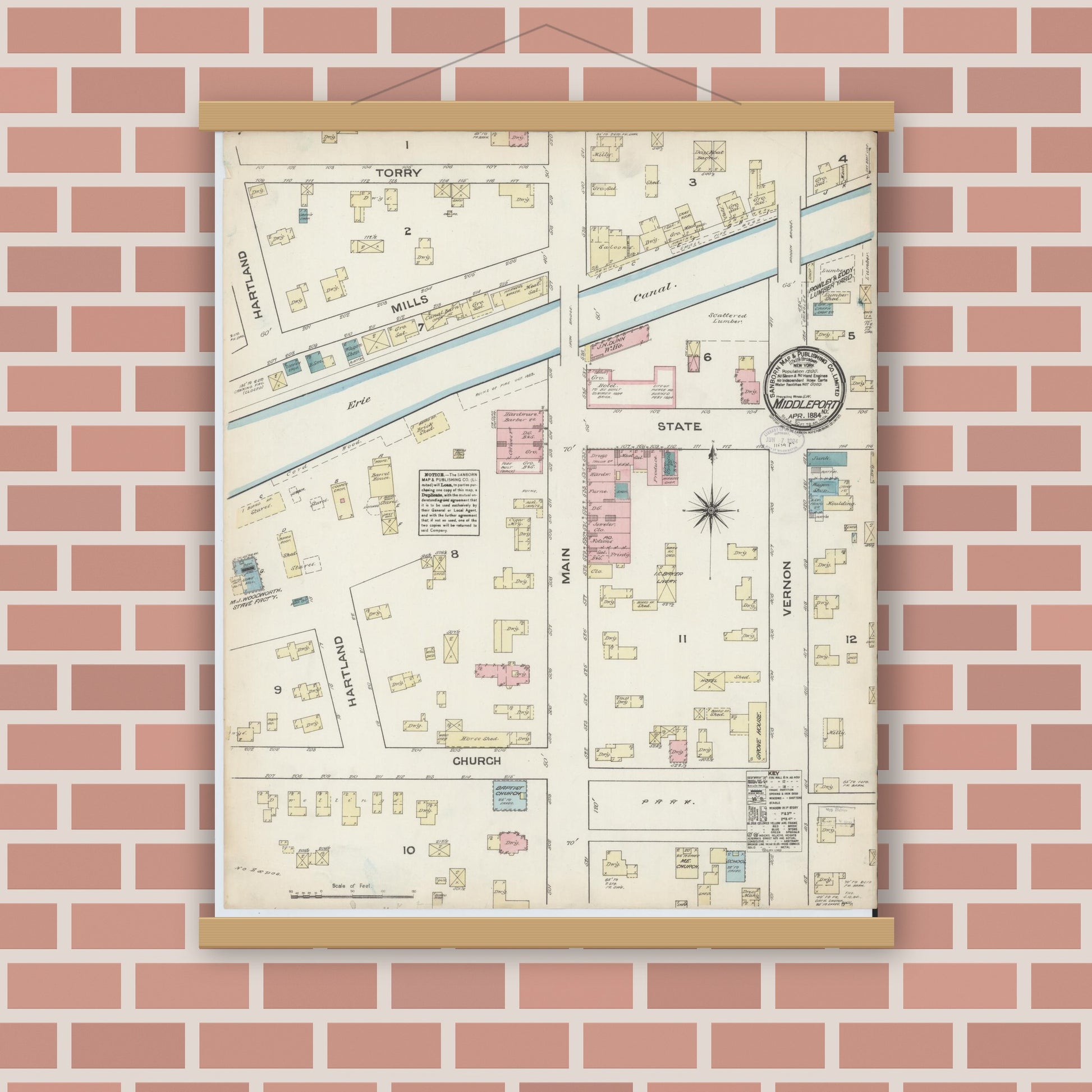 Old map wall art mockup — magnetic wood frame on brick wall — Sanborn Fire Insurance Map from Middleport, Niagara County, New York (1884), Sheet #0001