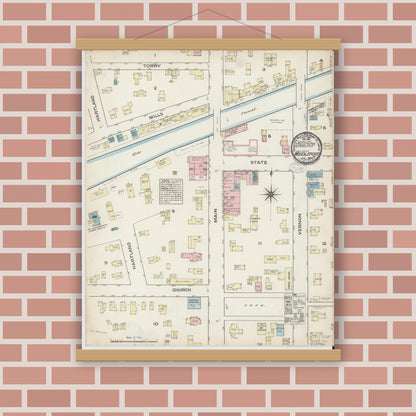 Old map wall art mockup — magnetic wood frame on brick wall — Sanborn Fire Insurance Map from Middleport, Niagara County, New York (1884), Sheet #0001