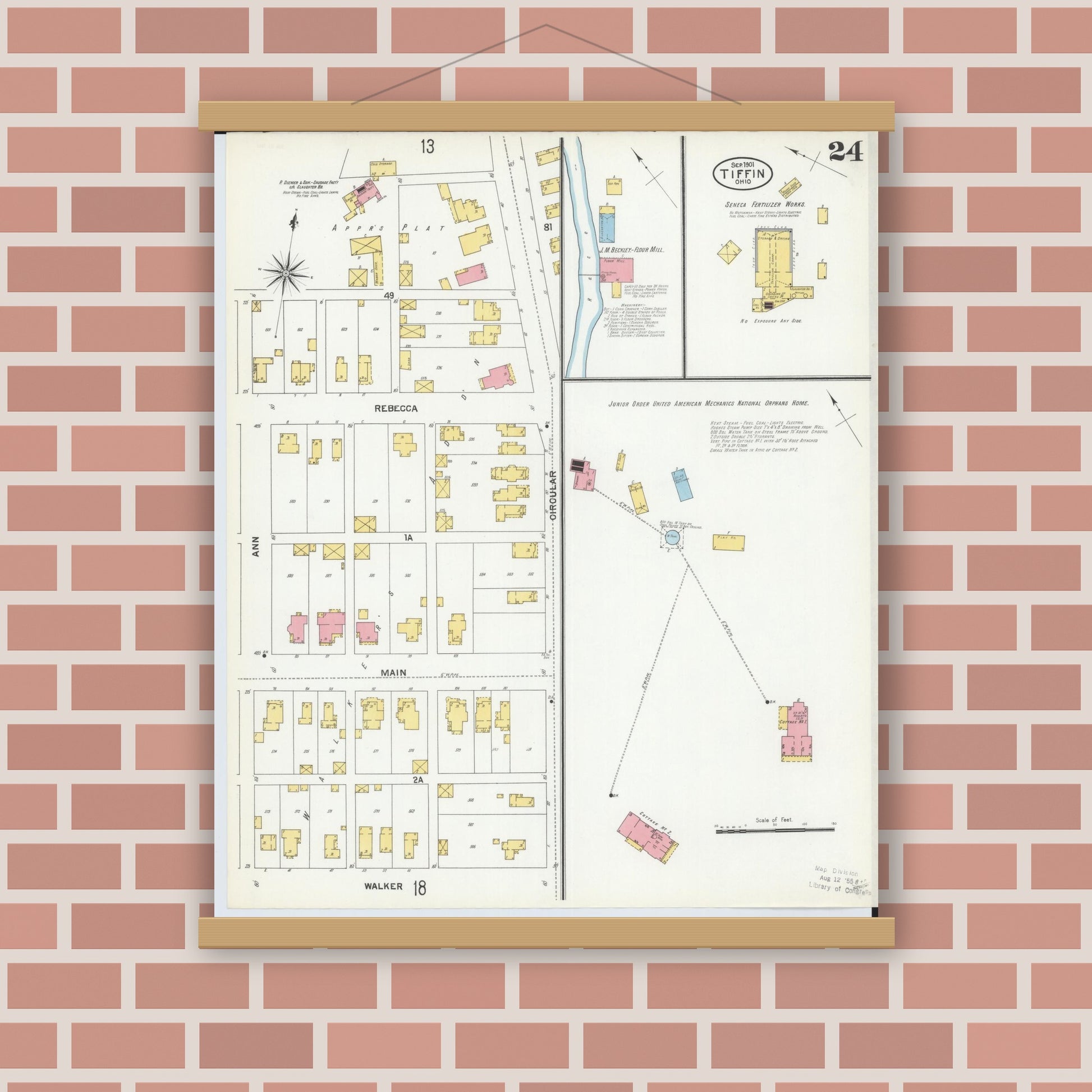Old map wall art mockup — magnetic wood frame on brick wall — Sanborn Fire Insurance Map from Tiffin, Seneca County, Ohio (1901), Sheet #0024