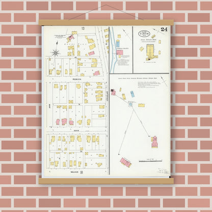 Old map wall art mockup — magnetic wood frame on brick wall — Sanborn Fire Insurance Map from Tiffin, Seneca County, Ohio (1901), Sheet #0024