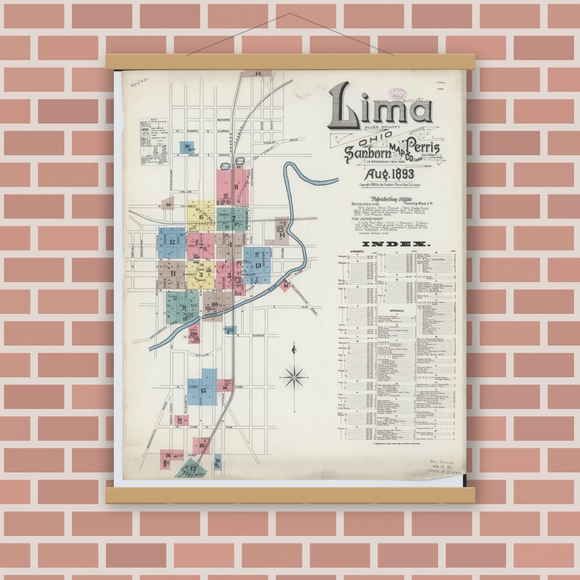 Old map wall art mockup — magnetic wood frame on brick wall — Sanborn Fire Insurance Map from Lima, Allen County, Ohio (1893), Sheet #0001