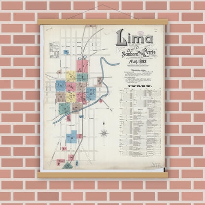 Old map wall art mockup — magnetic wood frame on brick wall — Sanborn Fire Insurance Map from Lima, Allen County, Ohio (1893), Sheet #0001