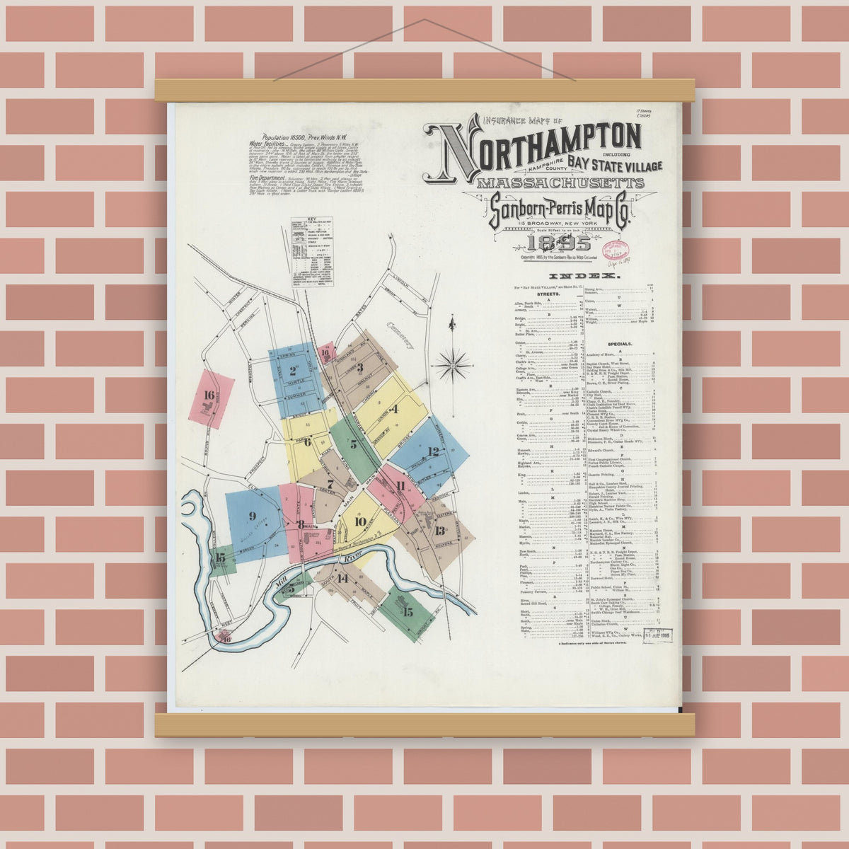 Old map wall art mockup — magnetic wood frame on brick wall — Sanborn Fire Insurance Map from Northampton, Hampshire County, Massachusetts (1895), Sheet #0001