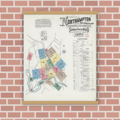 Old map wall art mockup — magnetic wood frame on brick wall — Sanborn Fire Insurance Map from Northampton, Hampshire County, Massachusetts (1895), Sheet #0001