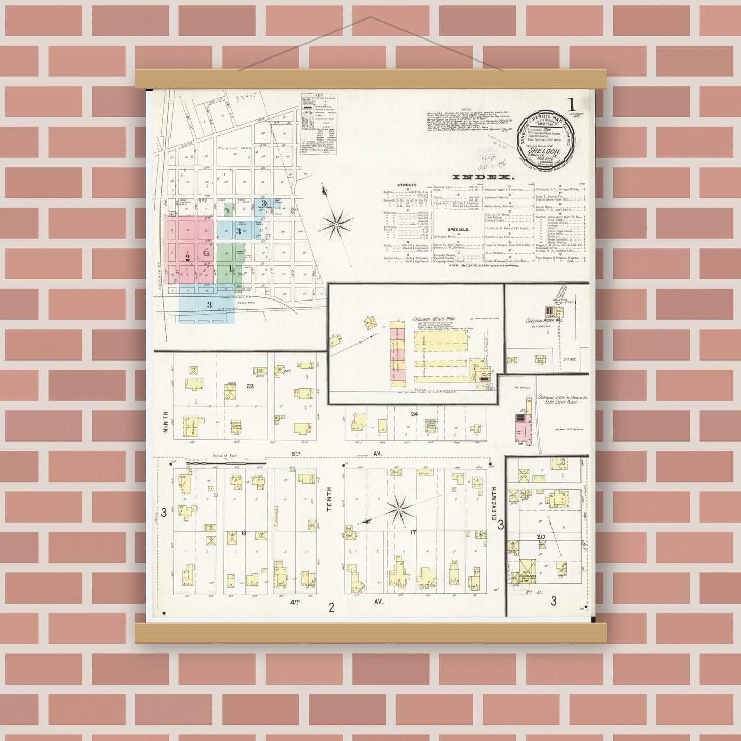 Old map wall art mockup — magnetic wood frame on brick wall — Sanborn Fire Insurance Map from Sheldon, O'Brien County, Iowa (1896), Sheet #0001