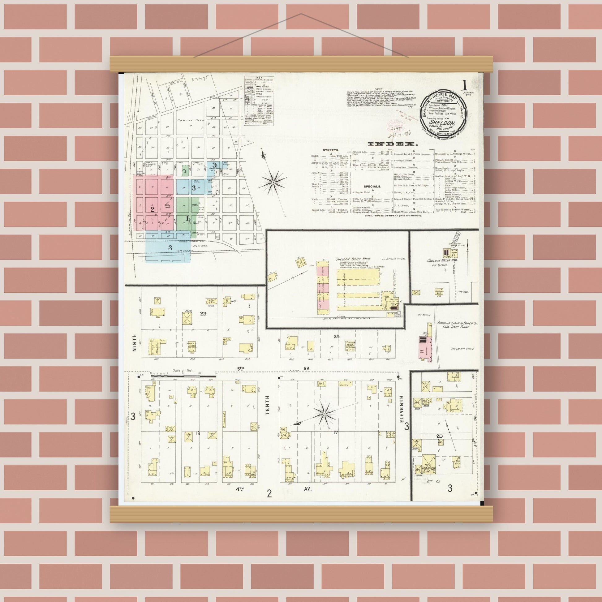 Old map wall art mockup — magnetic wood frame on brick wall — Sanborn Fire Insurance Map from Sheldon, O'Brien County, Iowa (1896), Sheet #0001
