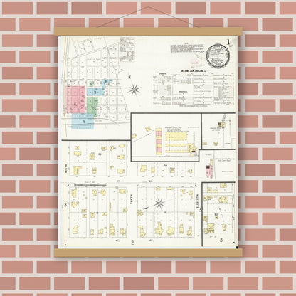Old map wall art mockup — magnetic wood frame on brick wall — Sanborn Fire Insurance Map from Sheldon, O'Brien County, Iowa (1896), Sheet #0001