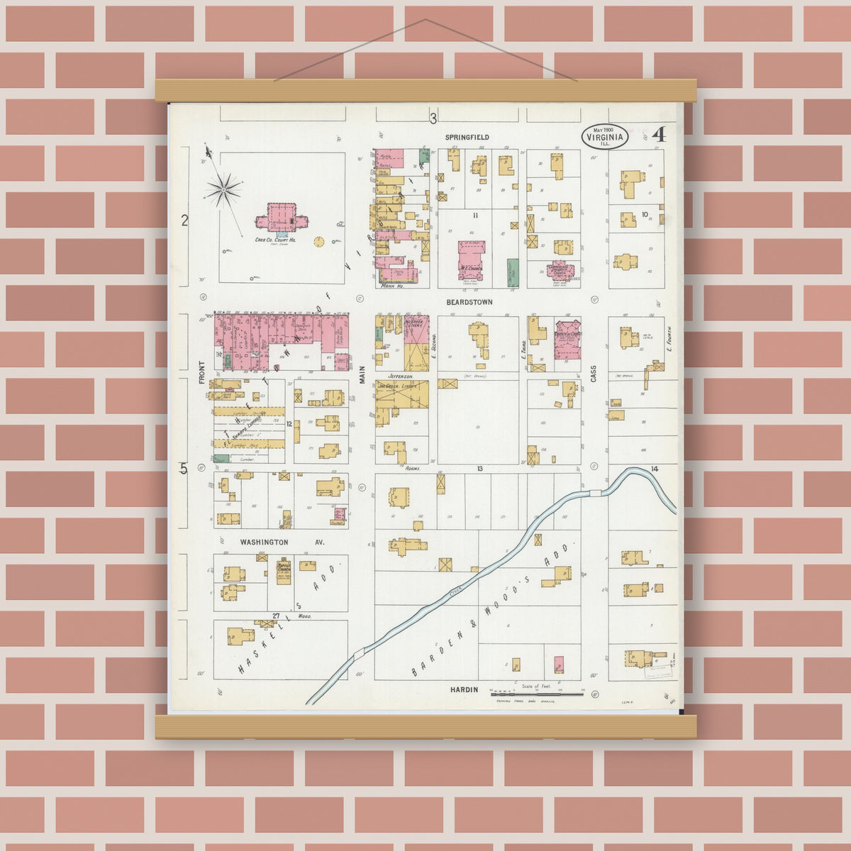 Old map wall art mockup — magnetic wood frame on brick wall — Sanborn Fire Insurance Map from Virginia, Cass County, Illinois (1900), Sheet #0004