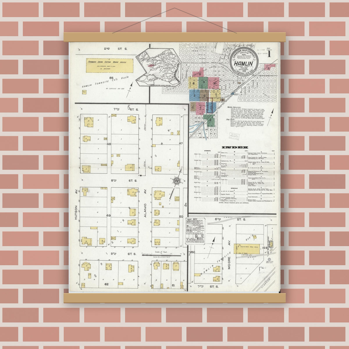 Old map wall art mockup — magnetic wood frame on brick wall — Sanborn Fire Insurance Map from Hamlin, Jones County, Texas (1919) - Complete Map Set
