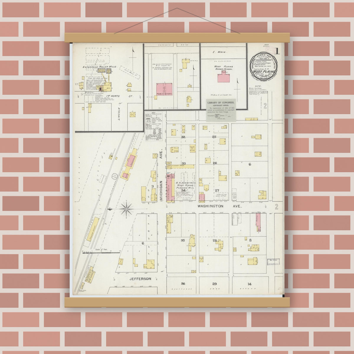 Old map wall art mockup — magnetic wood frame on brick wall — Sanborn Fire Insurance Map from West Plains, Howell County, Missouri (1893) - Complete Map Set