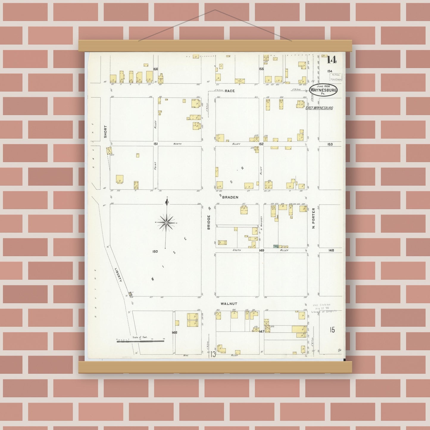 Old map wall art mockup — magnetic wood frame on brick wall — Sanborn Fire Insurance Map from Waynesburg, Greene County, Pennsylvania (1908), Sheet #0014