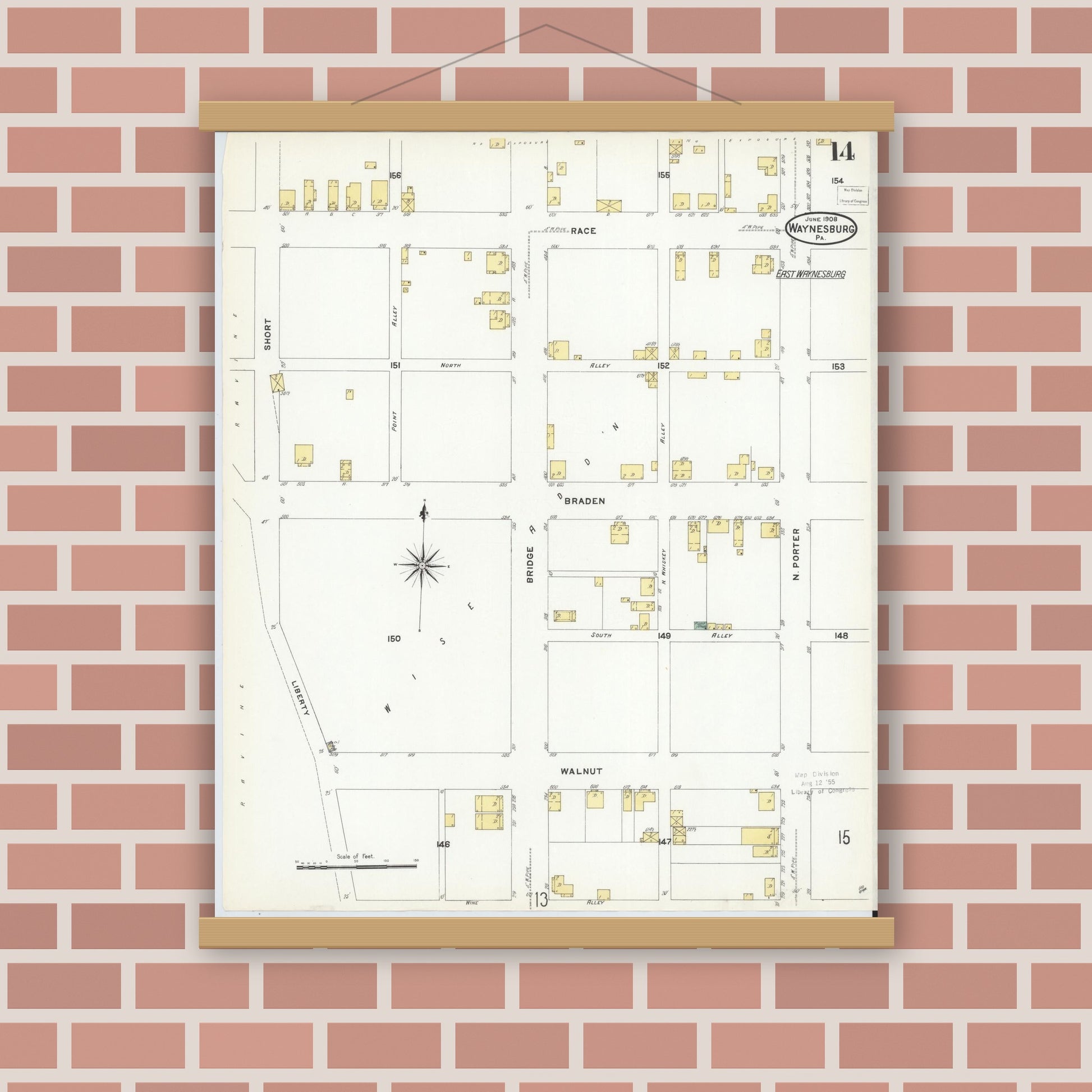 Old map wall art mockup — magnetic wood frame on brick wall — Sanborn Fire Insurance Map from Waynesburg, Greene County, Pennsylvania (1908), Sheet #0014