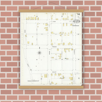 Old map wall art mockup — magnetic wood frame on brick wall — Sanborn Fire Insurance Map from Waynesburg, Greene County, Pennsylvania (1908), Sheet #0014